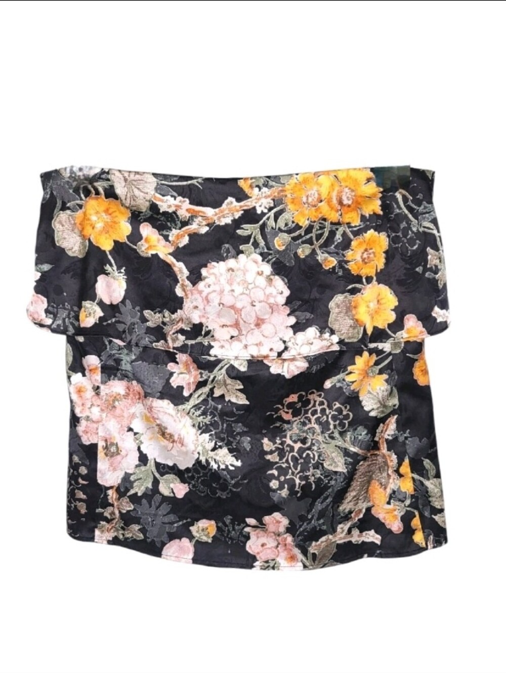 Wayf Top Womens Small Floral Strapless Satin Blouse Popover Zip Lined Boho Black